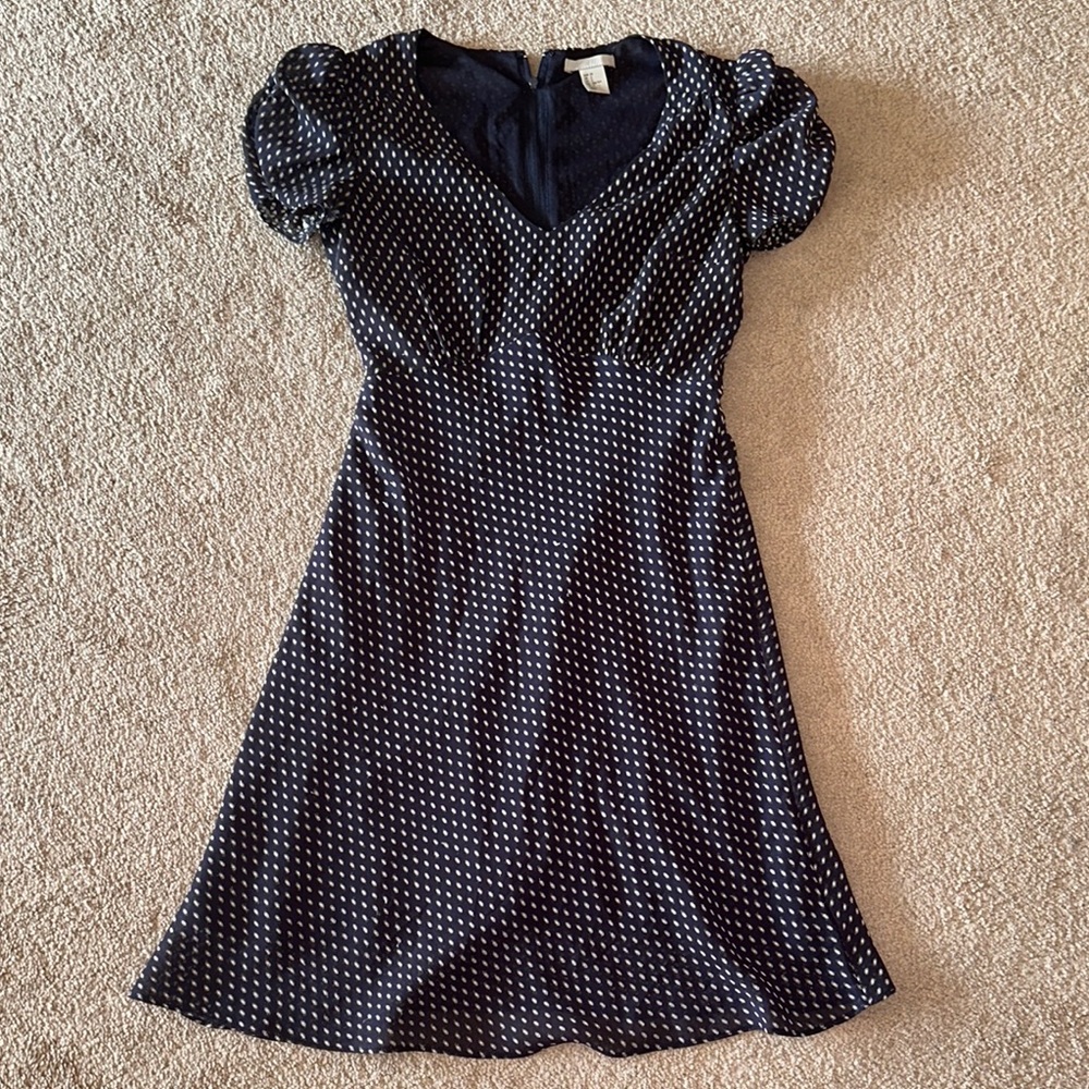 H&M Blue and White A-Line Puff Sleeve Midi Dress